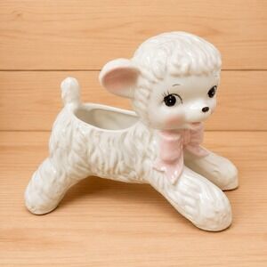 Vintage Dualite Products Japan Lamb Planter Vase Pink Bow Ceramic Nursery [B]